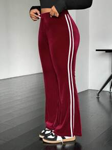 CovetEZ Plus Size Women Velvet Side Split Flare Pants With Side Stripe - Burgundy - View 1