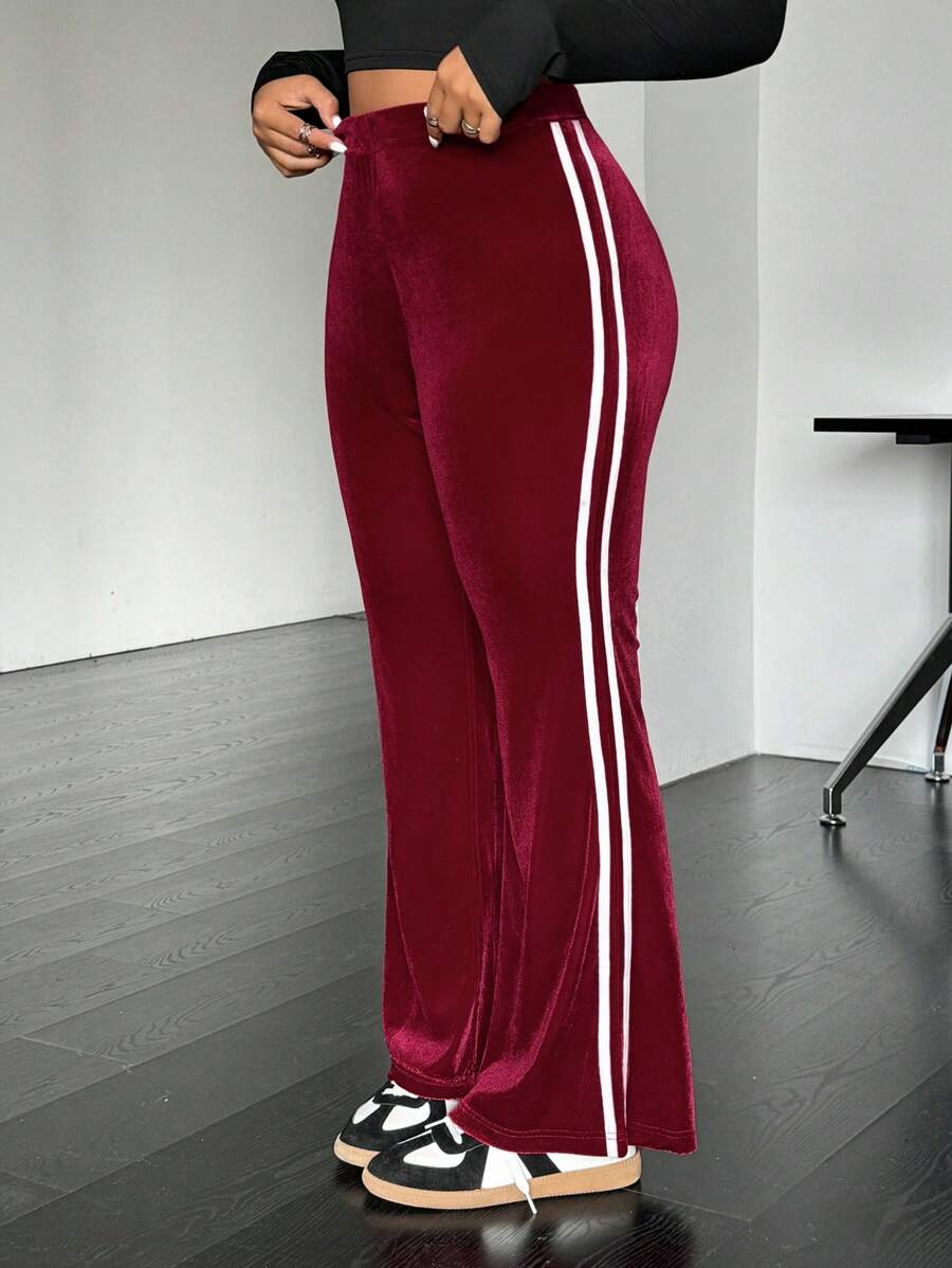 CovetEZ Plus Size Women Velvet Side Split Flare Pants With Side Stripe - Burgundy - View 1