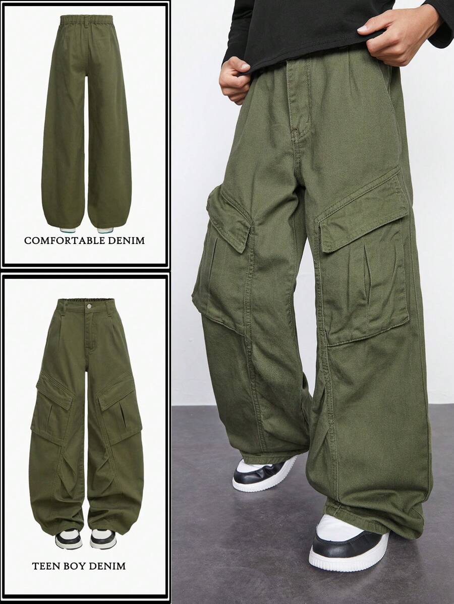 SHEIN Tween Boy Fashion Casual Army Green Cowboy Cargo Pocket Design Baggy Wide-Leg Cargo Jeans Boys Cool Outfit/Boys Thanksgiving Outfit For Boys Costume Dailywear And Fall/Winter Kids Clothes