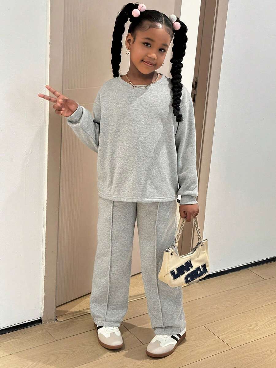 Tween 女童运动休闲街头时尚纯色圆领宽松连帽衫和运动衫套装 - 灰色 - 查看 1