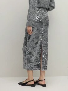BizChic Sequin Fashionable Skirt, Grey Color Backsllit Hem Party Skirt, Office Wear For Women, Spring/Summer, Suitable For Christmas Party, Holiday, Thanksgiving
