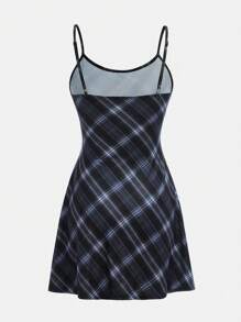 SHEIN Girlism Abito tubino aderente stile vintage college in cotone blu navy con motivo check, abito midi casual a quadri - Blu Navy - Visualizzare 2