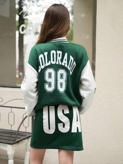 SHEIN 2pcs/Set Teen Girls Casual Streetwear Letter USA Print Baseball Jacket And Mini Skirt
