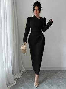 Selianne Vestito da donna con collo asimmetrico, maniche a palloncino, plissettato, attillato, con spacco orlo - nero - Visualizzare 4