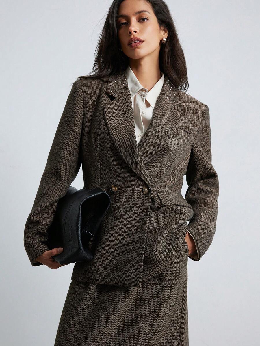 Aveloria Modichic 女士秋冬复古水钻装饰宽松双排扣西装外套和裙套装