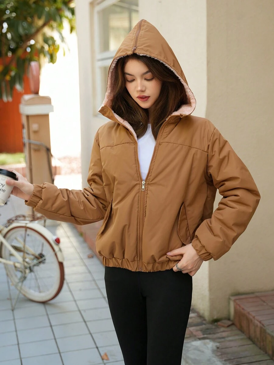 SHEIN Teen Girls Plush Lined Hooded Padded Coat, Cute Casual Wear - Camel - View 1