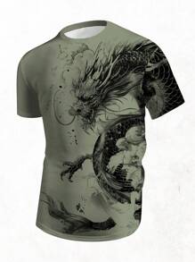 Manfinity LEGND Fashion Casual Chinese Ink Painting Dragon Element Print Standard Fit Men Short Sleeve T-Shirt - Army Green - View 7