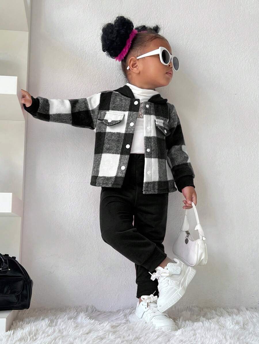 SHEIN Explorewe 2 件套女婴格子图案经典别致运动可爱服装,洋红色,适合秋冬季日常穿着 - 彩色 - 查看 1
