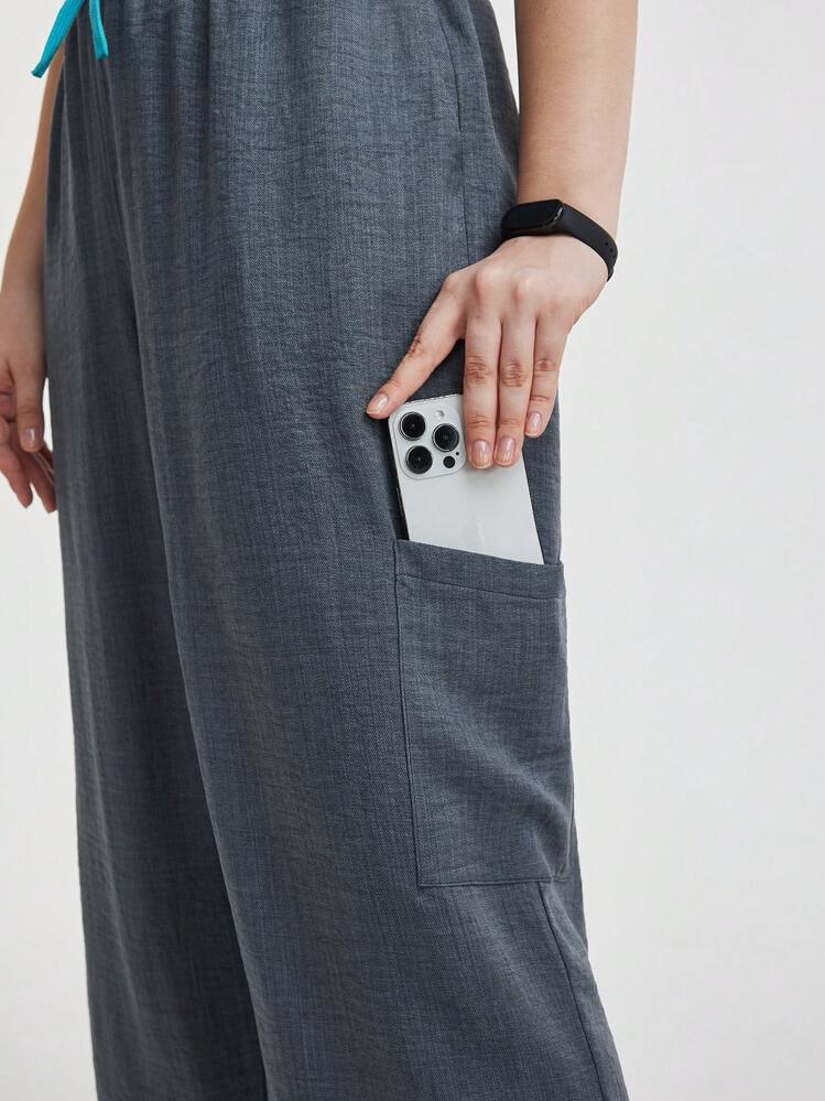 TaskEZ 大码简约前系带纯色拼接护理制服手术裤 - 灰色 - 查看 3