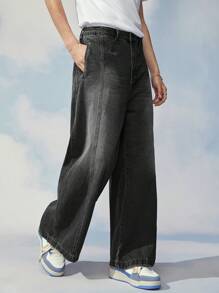 Manfinity Hypemode 1pc Men Loose Slanted Pockets Wide Leg Jeans - Black - View 10