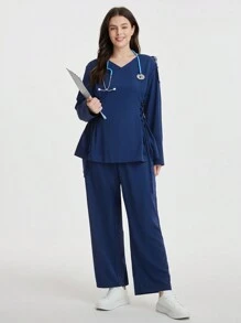 TaskEZ Bộ đồng phục phẫu thuật cỡ lớn cho nữ, áo dài tay cổ chữ V, thắt eo và quần ống đứng rộng rãi - Màu xanh hải quân - Xem 4