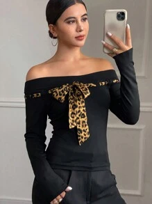 DAZY Color Block Leopard Print Off-Shoulder Long Sleeve Figure-Fitting Women T-Shirt Cheetah Print,Fall Clothes Cute Tops - Black - View 1