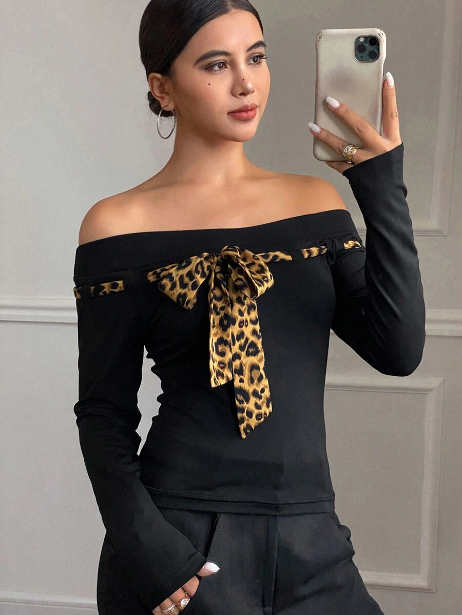 DAZY Color Block Leopard Print Off-Shoulder Long Sleeve Figure-Fitting Women T-Shirt Cheetah Print,Fall Clothes Cute Tops - Black - View 1