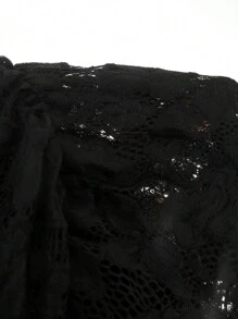 SHEIN EZwear 大码女式纯色褶皱花朵蕾丝喇叭裤 - 黑色 - 查看 6