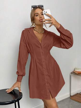 SHEIN Privé 女式纯色落肩长袖单排扣休闲衬衫裙，秋季