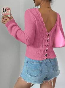 Islaluna 女士纯色贝壳边长袖休闲毛衣，日常穿着 - 玫紅色 - 查看 6