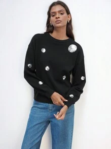 Maija Women's Sequin Embellished Fuzzy Black Knit Sweater, Shiny Glitter Decor, Casual Urban Fashion, Essential For Holidays, Warm & Soft, Round Neck Long Sleeve Pullover