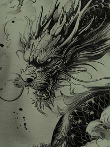 Manfinity LEGND Fashion Casual Chinese Ink Painting Dragon Element Print Standard Fit Men Short Sleeve T-Shirt - Army Green - View 6