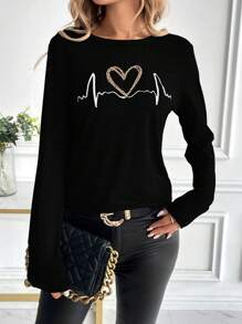 Chiquease Women Casual Cheetah & Heart Print Top, Minimalist & Fashionable Graphic Tees Women Tops Fall Cloth For Women - Black - View 4