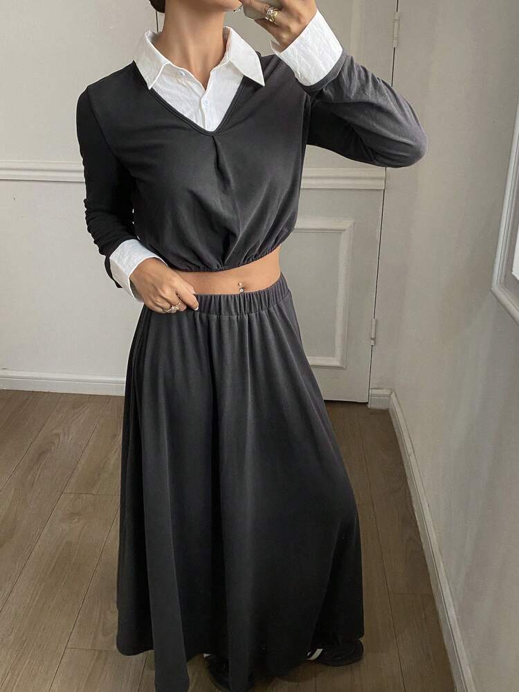 2pcs Women's 2 In 1 Top And Skirt Set