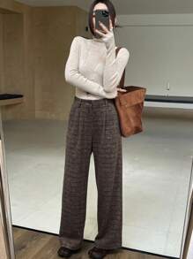 DAZY Pleated Wide Leg Floor Length Plaid Pants For Women,Fall Clothes