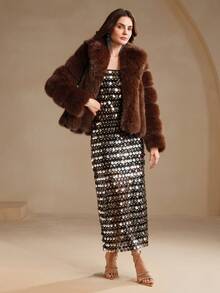 Anewsta 新款秋冬优雅淑女蓬松修边大衣，时尚毛绒毛茸外套 - 咖啡棕 - 查看 5