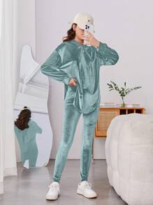 Conjunto de 2 peças/conjunto de camiseta e calça de veludo para meninas adolescentes, moda de rua, casual, festa, tamanho grande