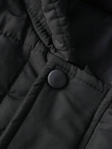 SHEIN Tween Boy Casual Hooded Mid-Length Plaid Padded Coat, Autumn Winter - Black - View 3