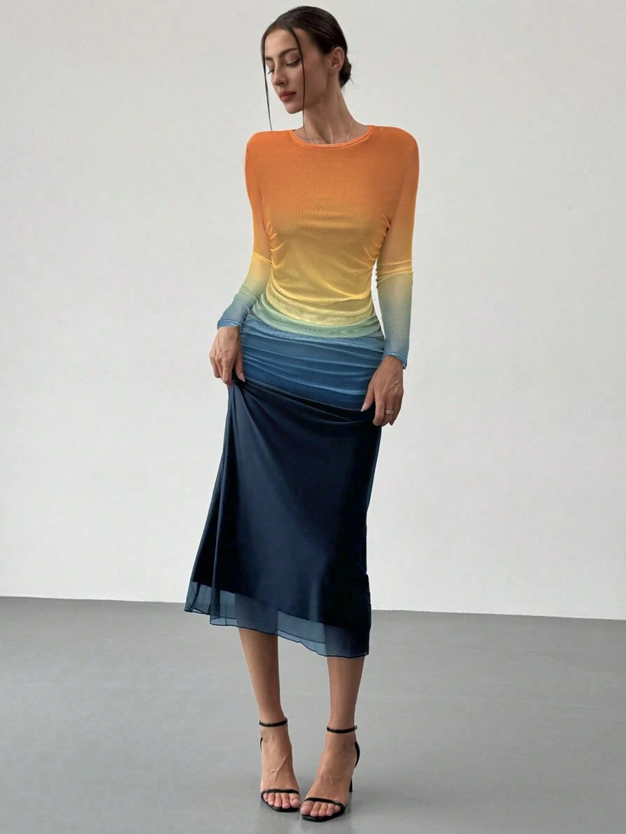 Aloruh American Style Gradient Mesh Strapless Bodycon Dress - Multicolor - View 1