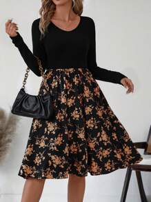 SHEIN Clasi Vestido de mujer con escote en V y panel AB, adecuado para otoño/invierno