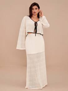 SHEIN VCAY 大码撞色系带上衣和裙子两件套 - 杏色 - 查看 6