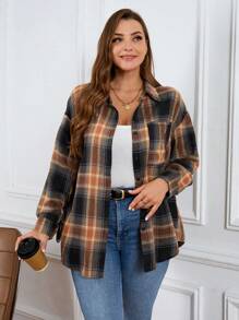 SHEIN LUNE 大码女装秋冬彩色格子图案衬衫，长袖口袋设计，休闲衬衫，适合感恩节和节假日穿着。 - 彩色 - 查看 6