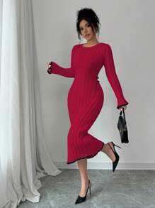 Elenzga Vestido de punto casual simple con cuello redondo, manga larga y cordones en la espalda en bloque de color para mujer, atuendo para el Año Nuevo