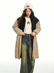 SHEIN Explorewe Abrigo casual acolchado con cremallera al frente, manga larga y hombros caídos, de bloques de color, para niña adolescente, invierno - Multicolor - Ver 6
