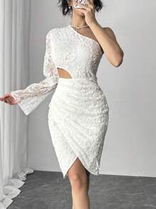 Chiquease Women Floral Jacquard Asymmetric Long Sleeve Cutout Pleated Fitted Elegant Dress Maxi Women Outfit