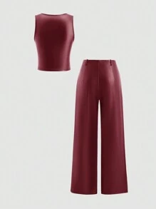 SHEIN Unity 2pcs Set: Draped Neck Pleated Vest & Straight Leg PU Leather Pants - Burgundy - View 2