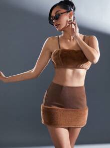 Hauture Women Plain Color Furry Patchwork Minimalist Skirt, Casual Everyday Wear