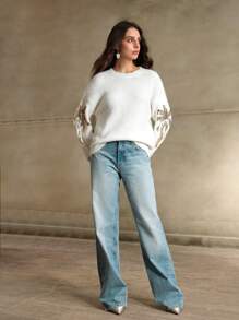 Anewsta Suéter de cuello redondo para mujer con decoración de lentejuelas y bordados, de alta gama, para otoño/invierno