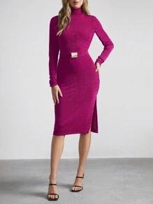 SHEIN Clasi High Neck Long Sleeve Rhinestone Belted Party Dress, Sparkly & Fashionable For Women - Red Violet - View 6