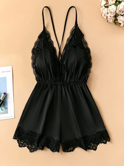 SilkySpell 蕾絲拼接交叉露背緞面吊帶連體短褲