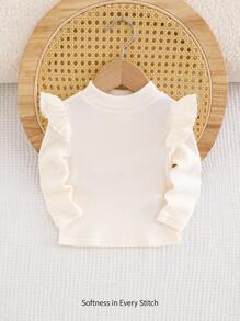 Cozy Pixies Blusa de manga larga con cuello redondo y bajo con volantes de unicolor para niñas bebé - Beis - Ver 1