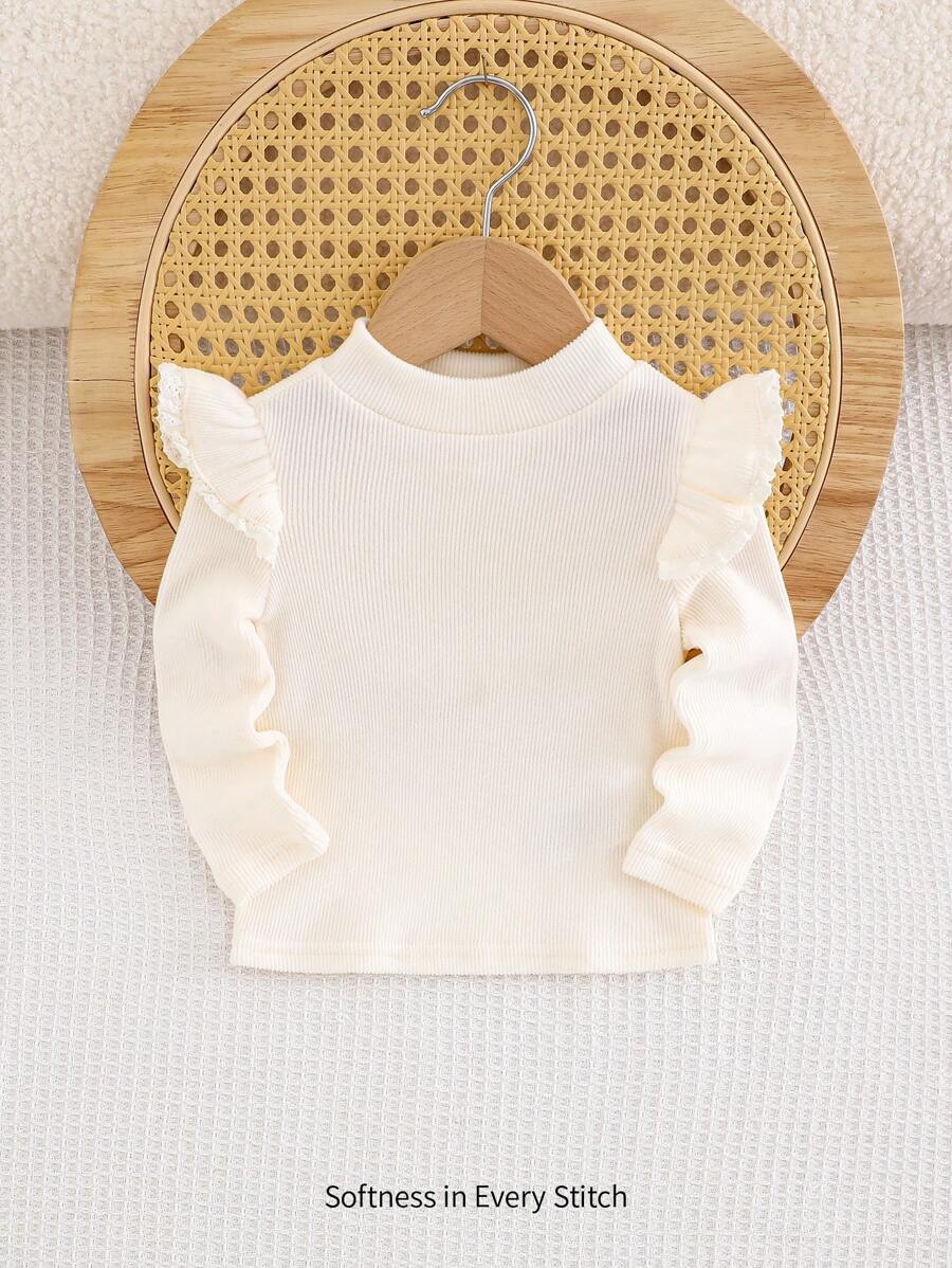 Cozy Pixies Blusa de manga larga con cuello redondo y bajo con volantes de unicolor para niñas bebé - Beis - Ver 1