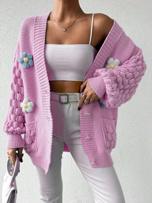 Femei 3D Decor Floral Cardigan Dual Buzunar, Casual Pentru Toamna/Iarna