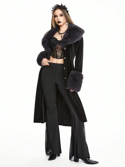 Goth Vintage Palast Stil Samt & Faux Fell Spleiß Offen Vorne Damen Trenchcoat, passend für Neujahr, Valentinstag, Feiertage