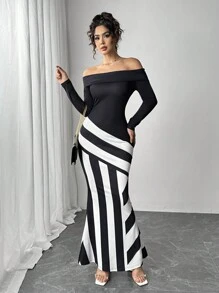 Chiquease 女士优雅露肩条纹不对称拼接长袖连衣裙超长款女装
