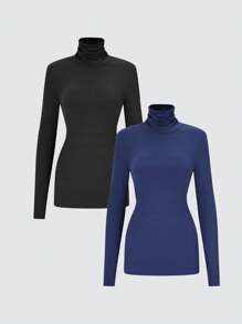 SHEIN BASICS 2 件套休闲纯色针织立领修身长袖 T 恤女款 - 彩色 - 查看 4