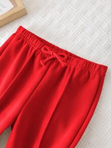 SHEIN Quần dài màu xám rộng rãi có dây rút eo cho bé gái, đa năng cho mùa thu/đông - Đỏ - Xem 8