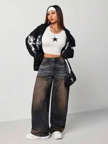 SHEIN EZwear Women's Black Loose Fit Low Waist Wide Leg Jeans