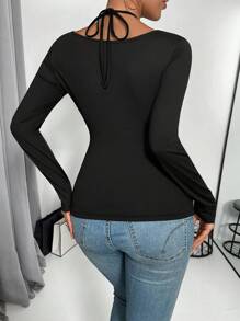 Chiquease Áo thun bó sát gợi cảm khoét rỗng cổ tròn cho nữ, mùa thu/đông - màu đen - Xem 2