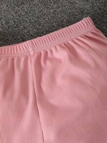 SHEIN 女孩休闲简约圆领落肩长袖短款开衫和松紧腰直腿裤背心纯色两件套，秋季 - 粉色 - 查看 5